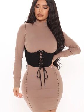 Elegant Tan Dress with Black Accents
